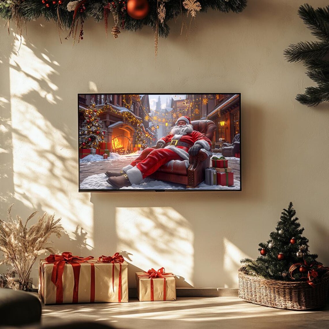 Santa Claus Resting in Armchair Snowy Village Festive Poster - Image 3