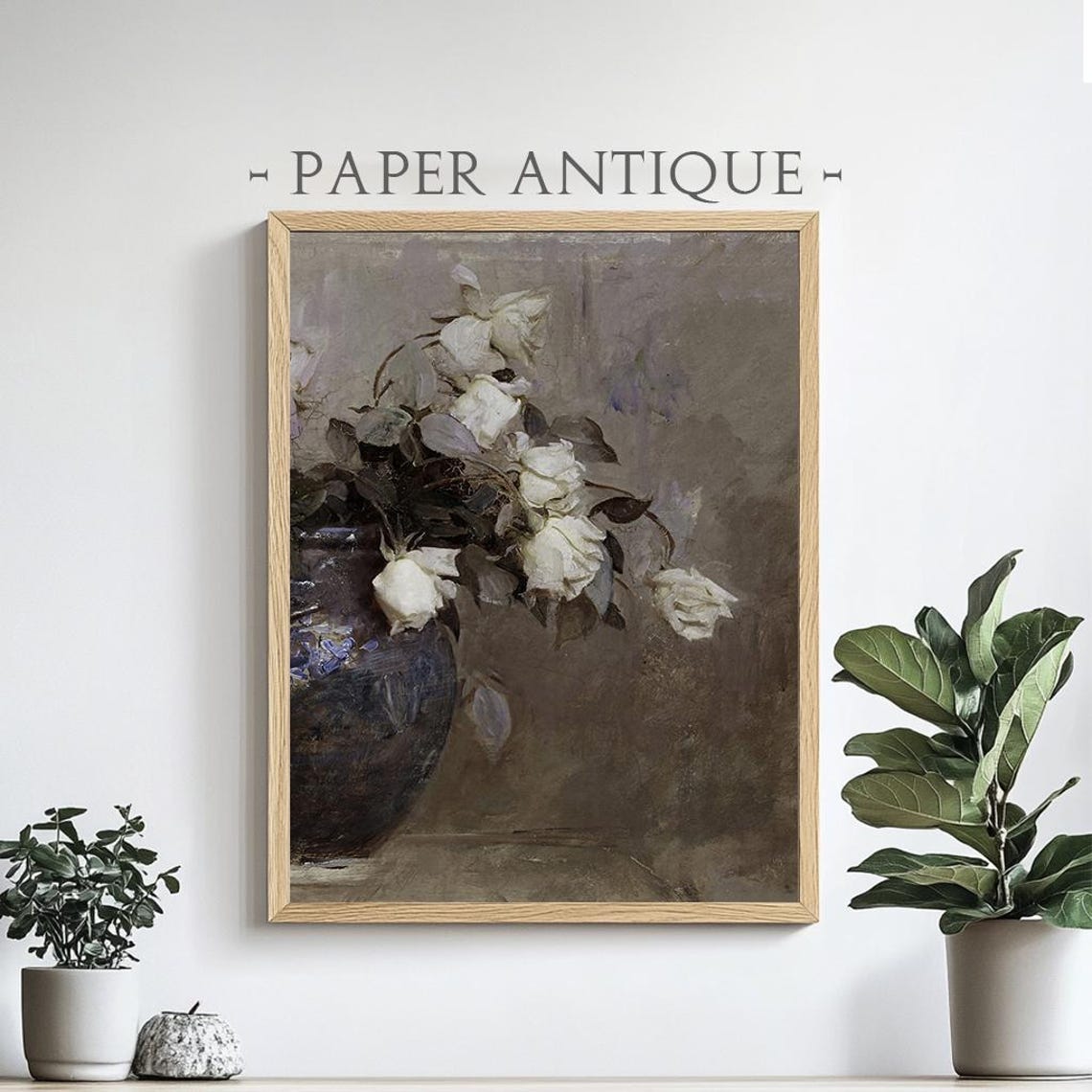 White Roses In Dark Vase Elegant Floral Still Life Painting Poster