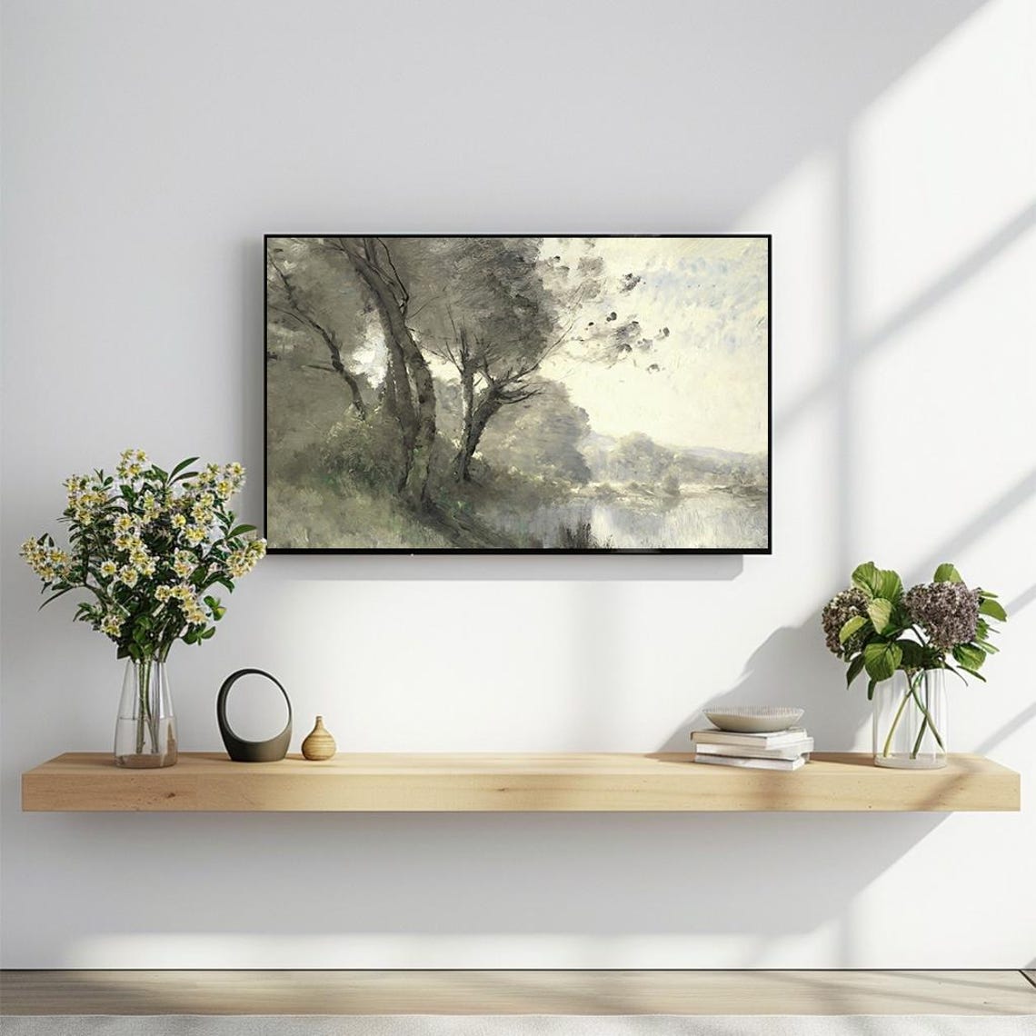Tall Trees Along Misty Riverbank Romantic Vintage Oil Landscape Poster - Image 2