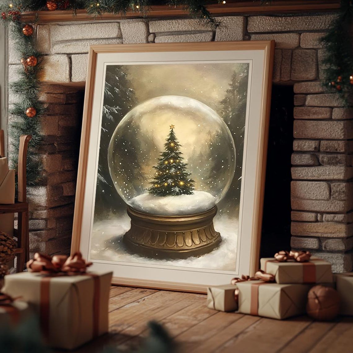 Christmas Tree Snow Globe In Snowy Forest Vintage Painting Poster - Image 2