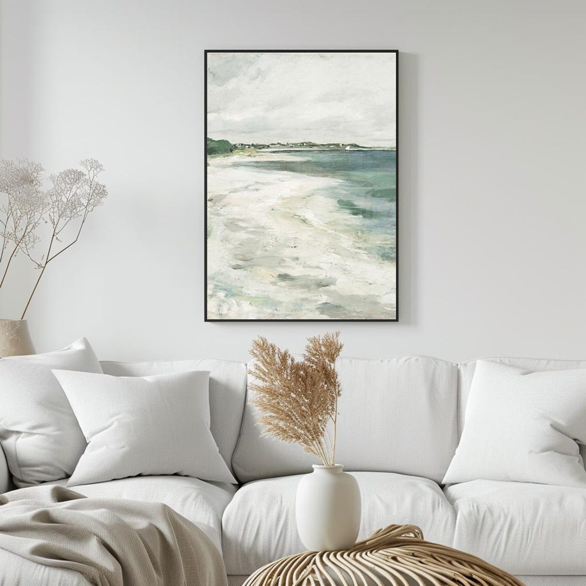 Soft Beach Shoreline Pale Green Watercolor Coastal Painting Poster - Image 5