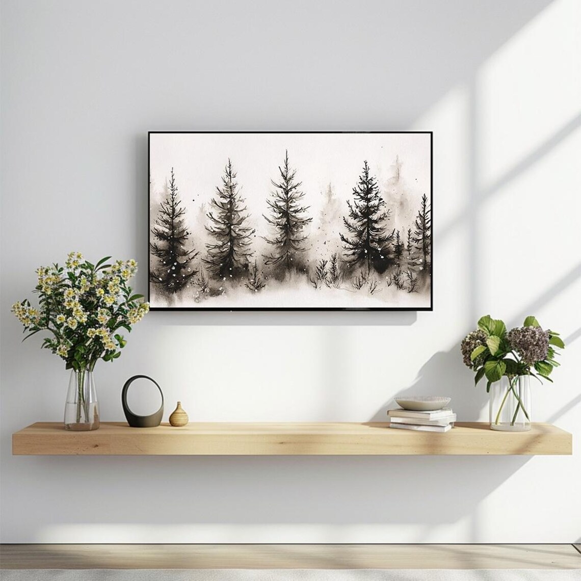 Minimalist Ink Wash Painting Pine Forest Mist Winter Art Poster - Image 2