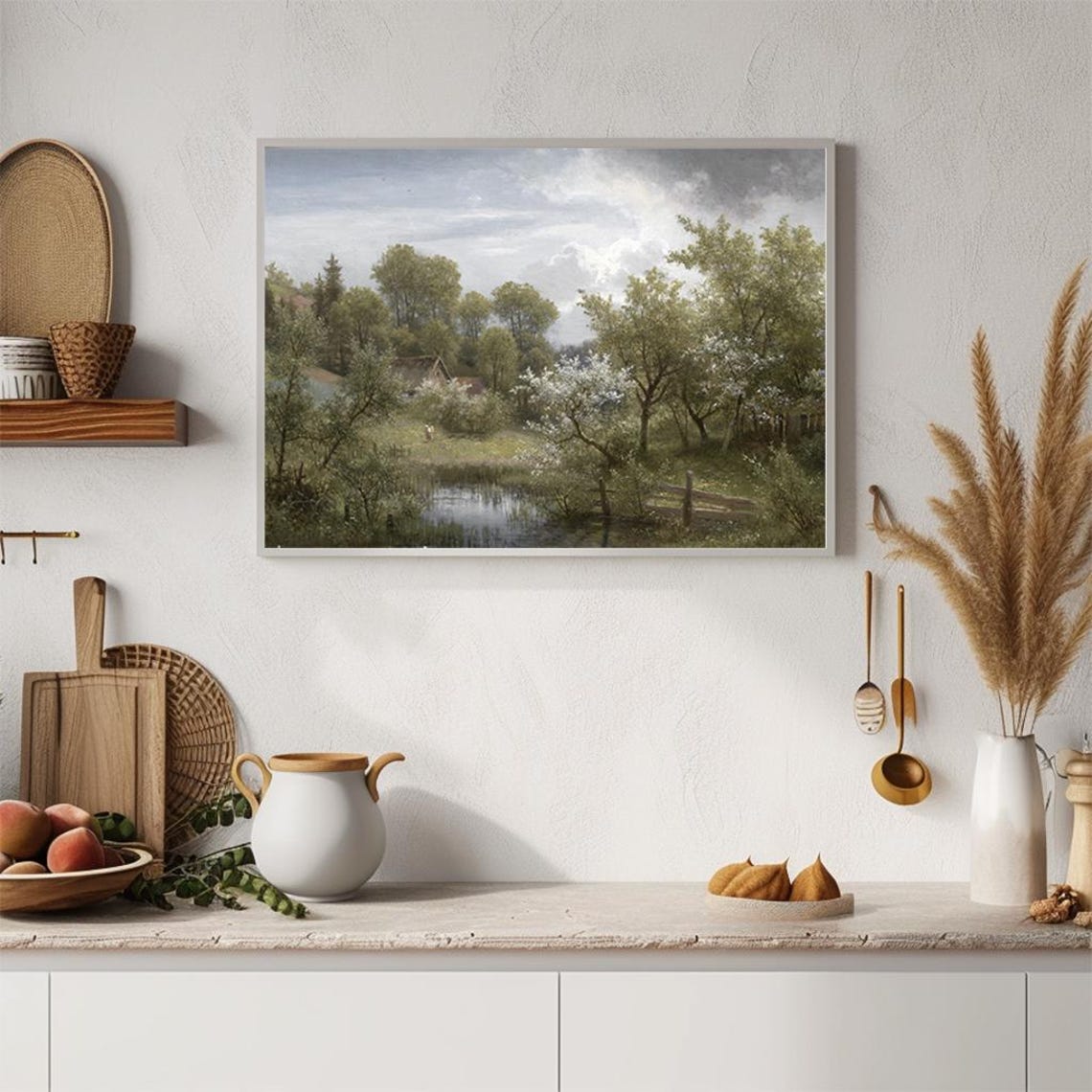 Cottage by Pond Blooming Trees Romanticism Vintage Painting Poster - Image 4