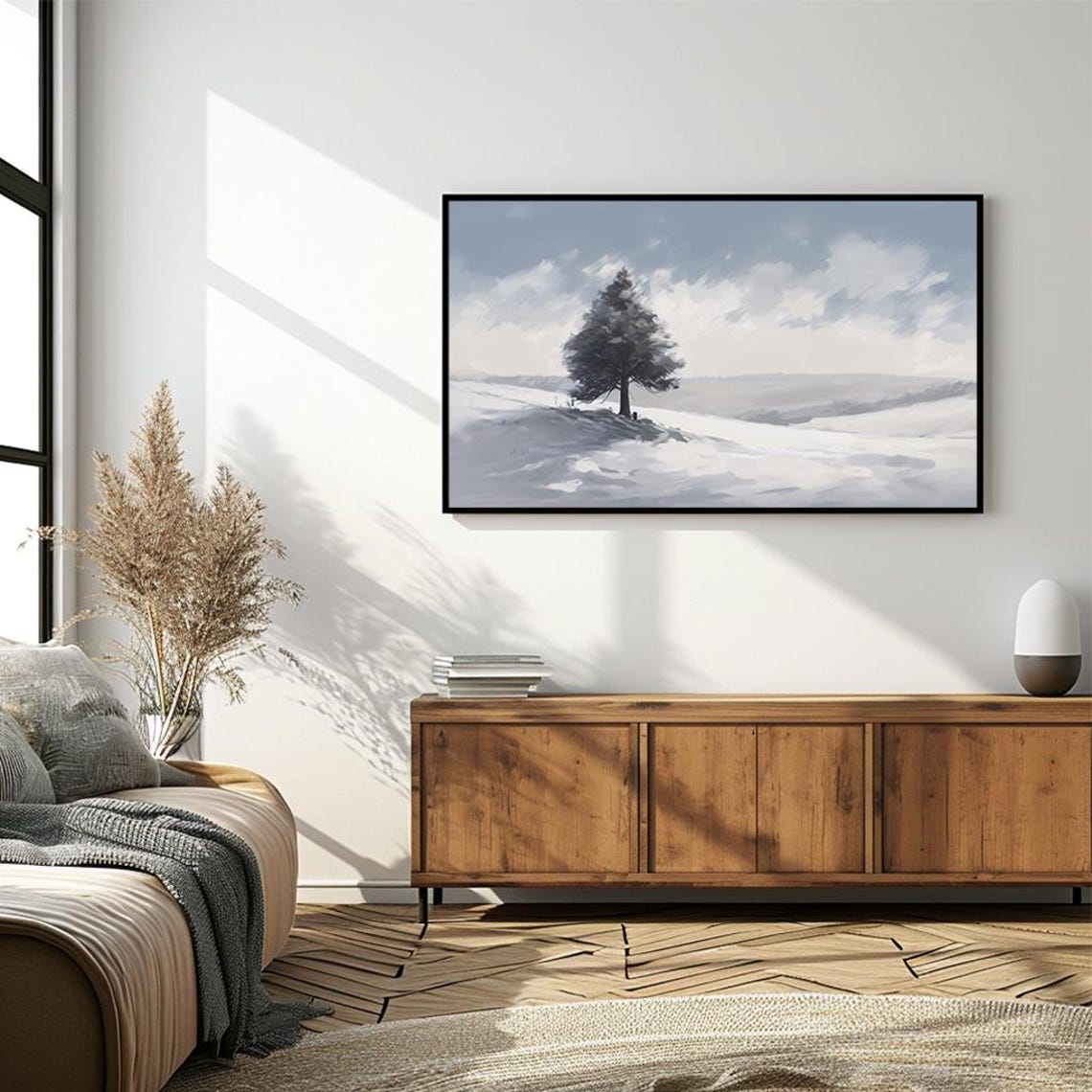 Lone Pine On Snowy Hillside Minimalist Blue Winter Panorama Poster - Image 4