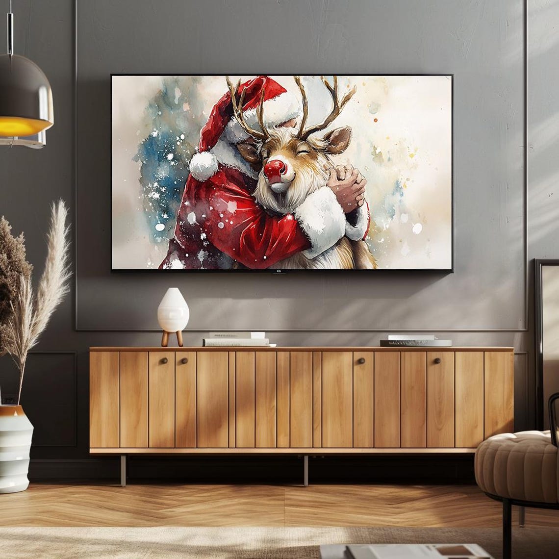 Heartwarming Santa Hugging Reindeer Watercolor Christmas Poster - Image 4