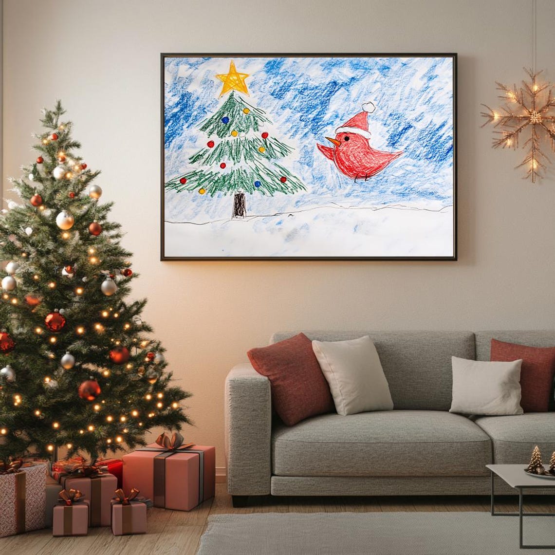 Crayon Santa Hat Bird Christmas Tree Cute Kids Drawing Poster - Image 5