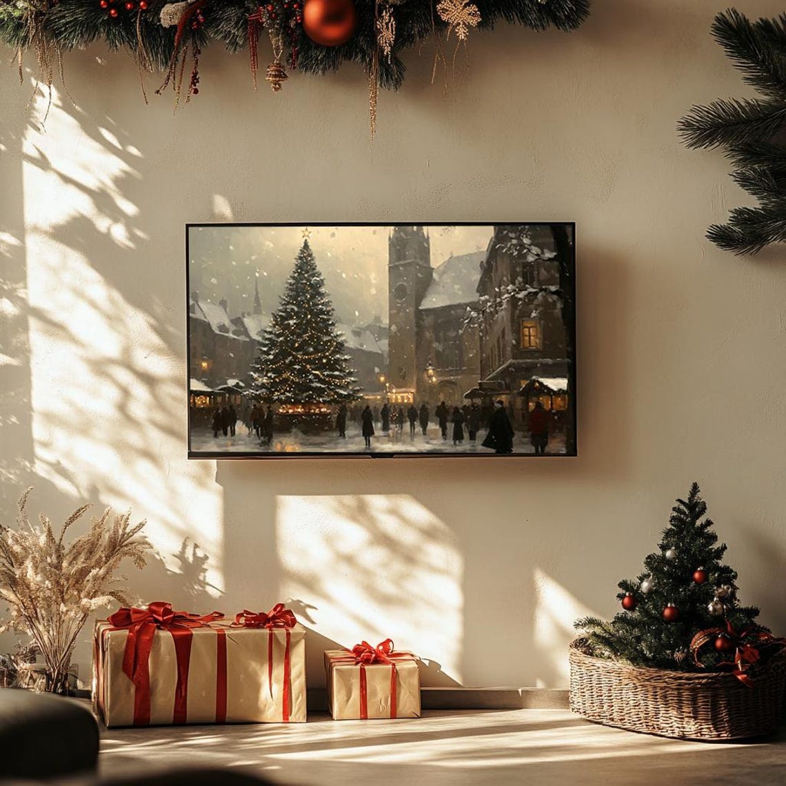 Christmas Market Town Square With Grand Lit Tree Snowy Art Poster - Image 3