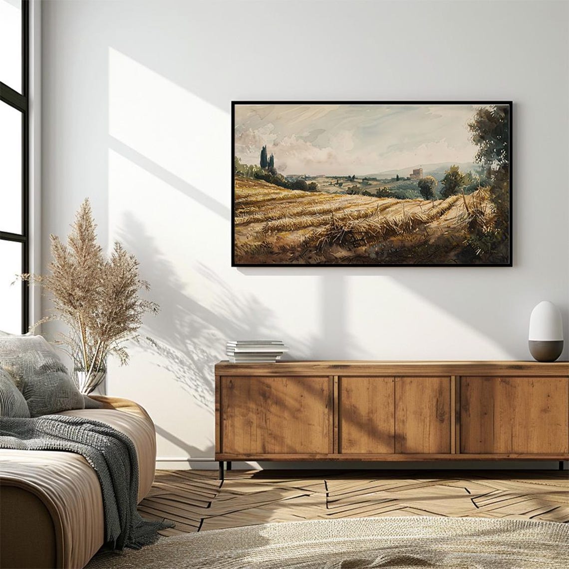 Sunlit Golden Wheat Field with Cypress Trees and Villa View Poster - Image 4
