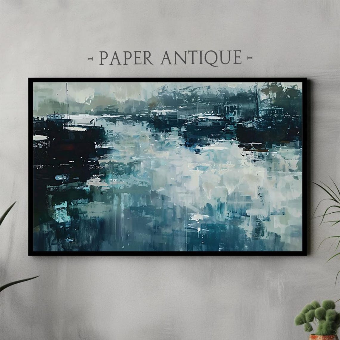 Abstract Moody Blue Seascape Harbor Boats Impressionist Poster