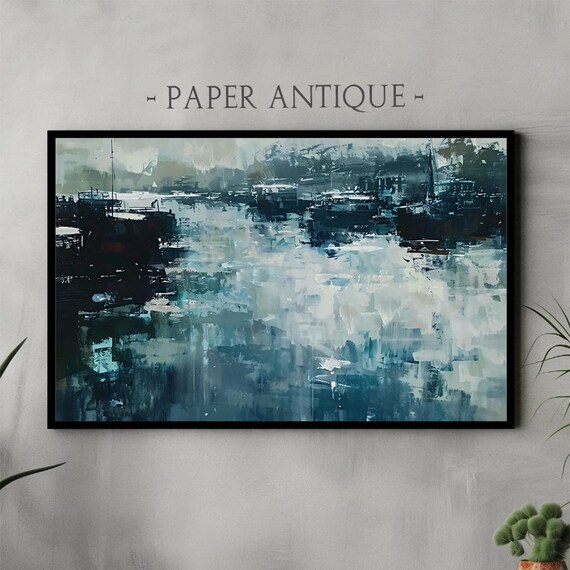 Abstract Moody Blue Seascape Harbor Boats Impressionist Poster