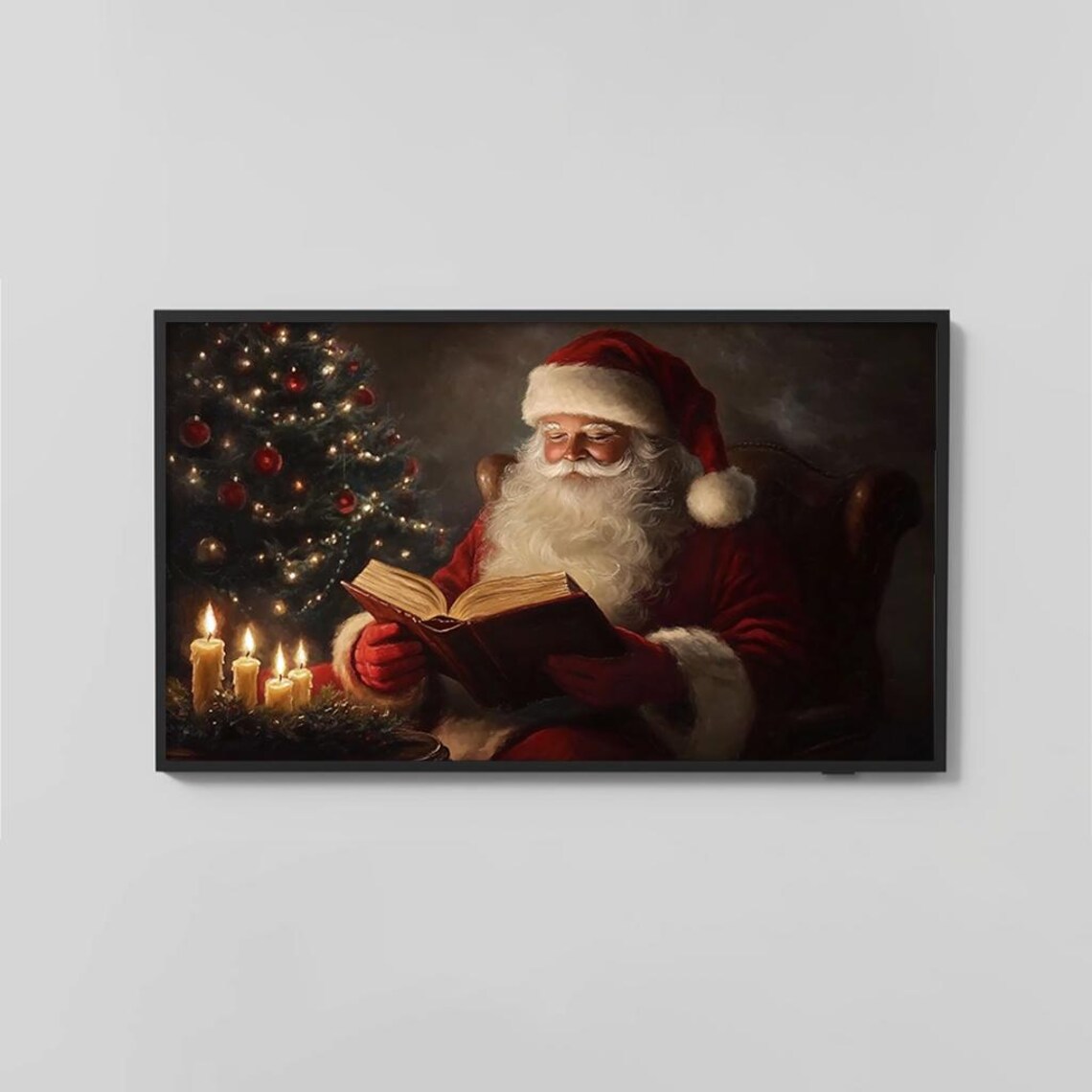 Santa Claus Reading by Christmas Tree Candlelight Oil Poster - Image 2
