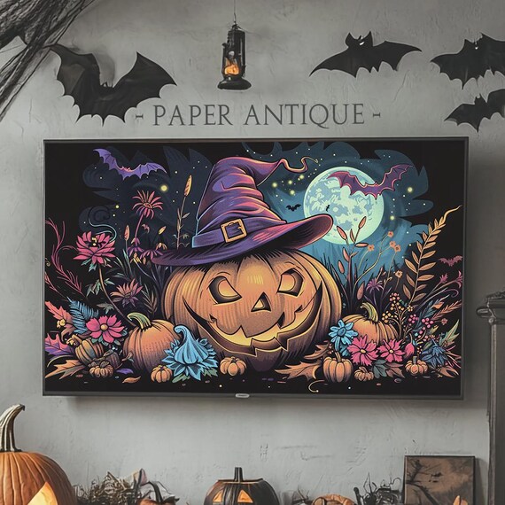 Halloween Pumpkin in Witch Hat Moonlight Gothic Floral Poster