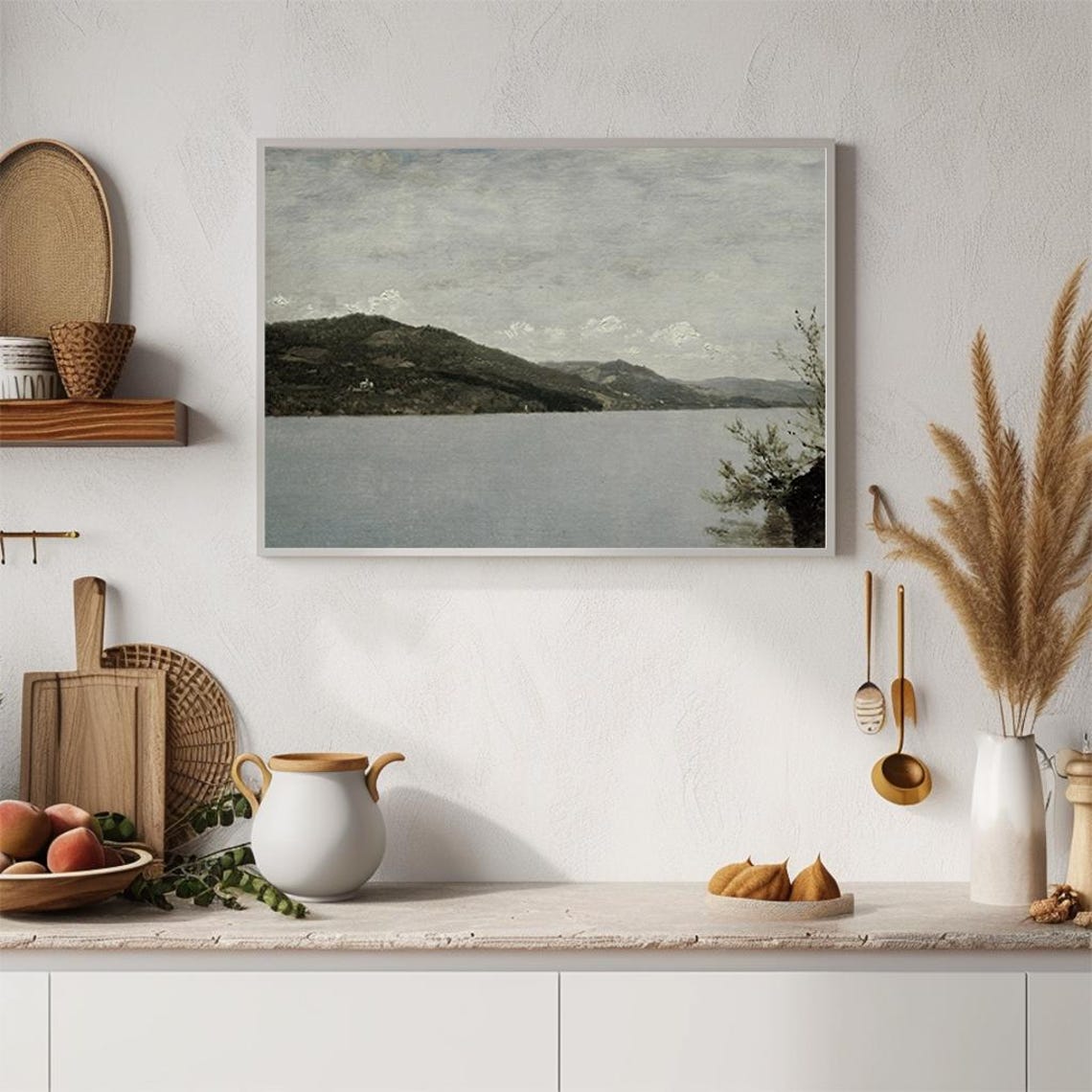 Calm Lake with Hills Trees Serene Vintage Landscape Painting Poster - Image 2