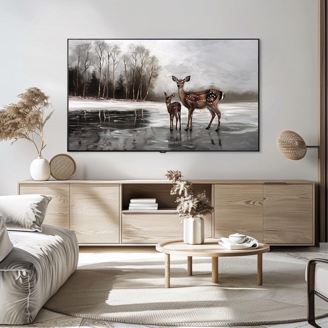 Deer with Fawn on Frozen Winter Lake in Winter Forest Poster - Image 5
