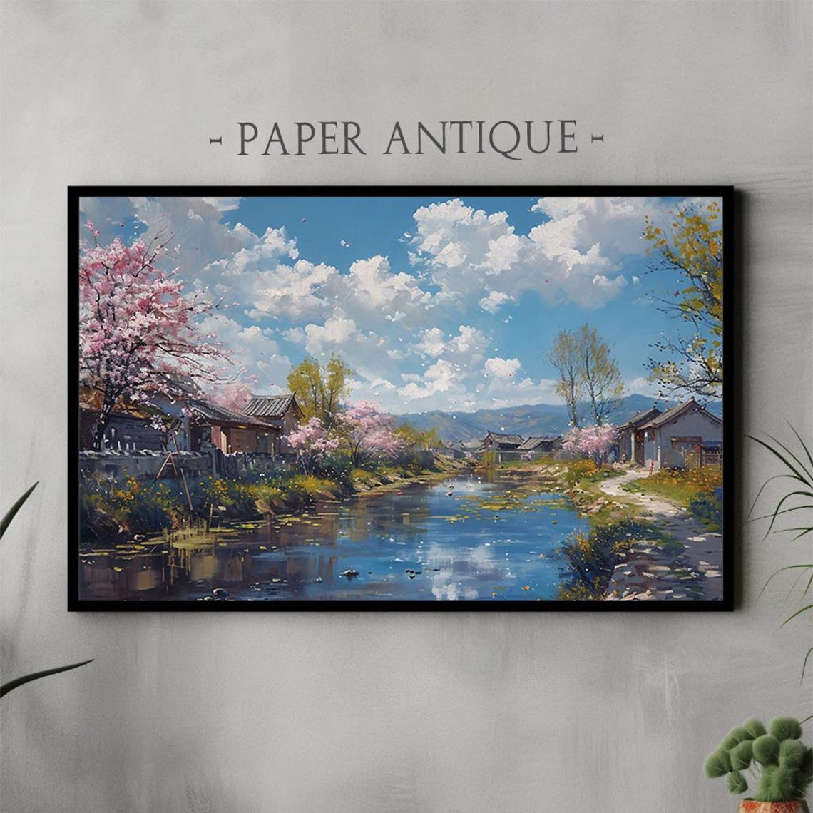 Cherry Blossom Village River Blue Sky Spring Landscape Painting Poster