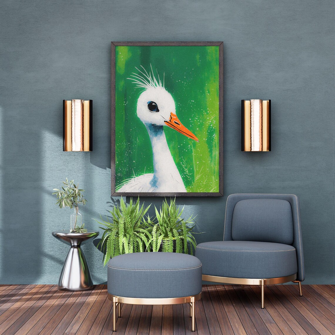 White Crane Art Print, Elegant Bird Illustration - Image 2