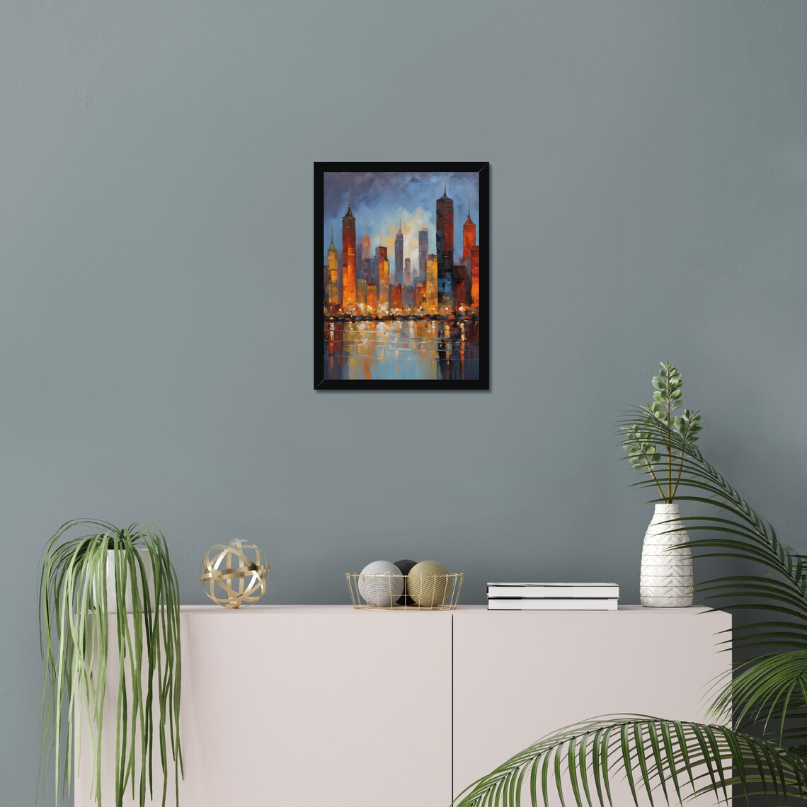 New York City Skyline Dusk Glowing Towers Water Reflection Art Poster - Image 3