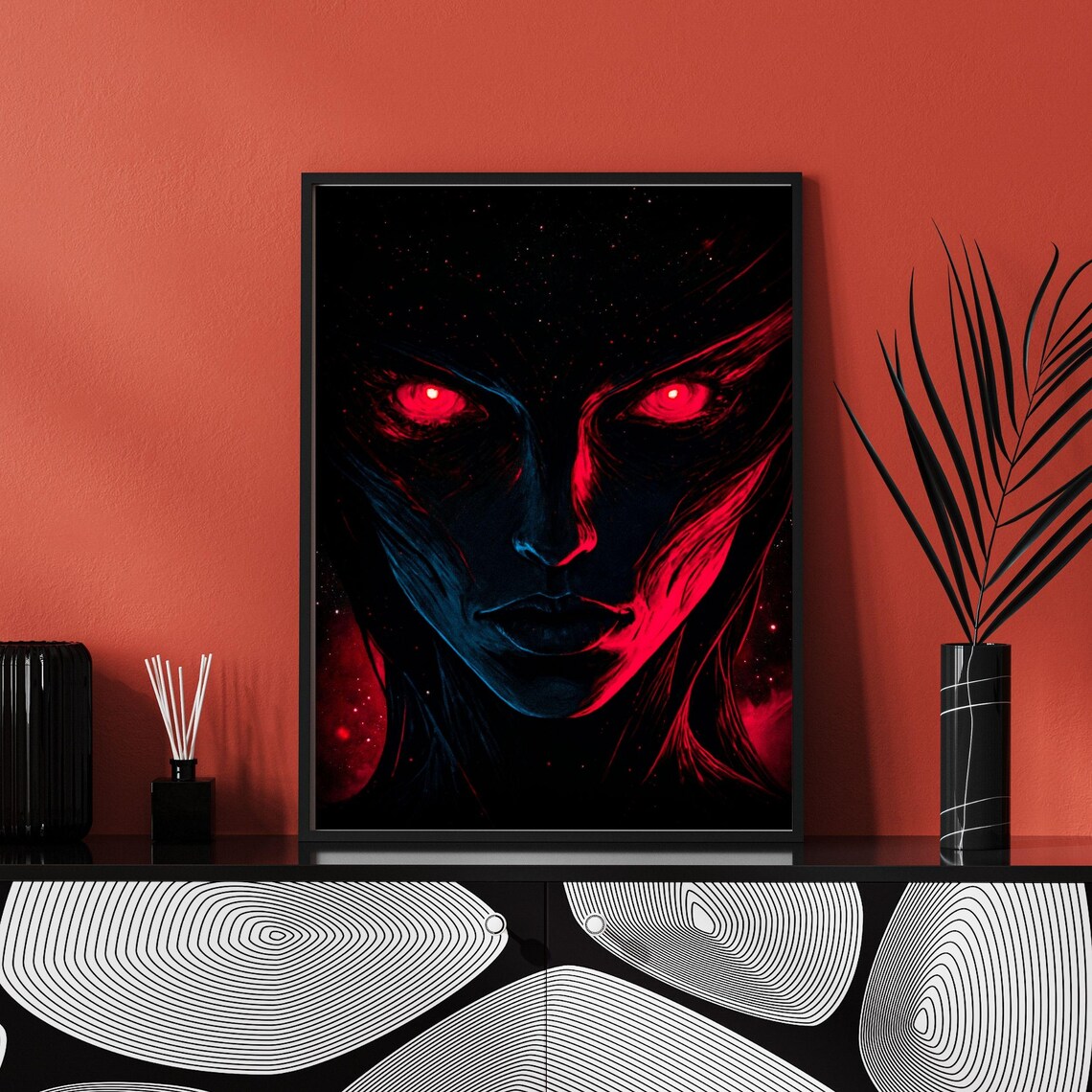 Dark Woman Face With Glowing Red Eyes On Black Cosmic Horror Art Poster - Image 4