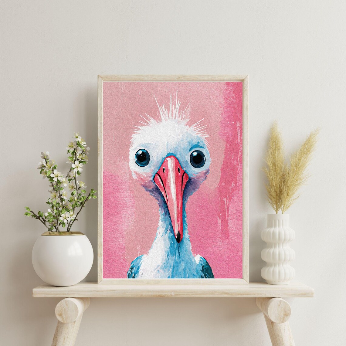 Quirky Blue Stork Pink Background Bird Portrait Nursery Wall Art - Image 3
