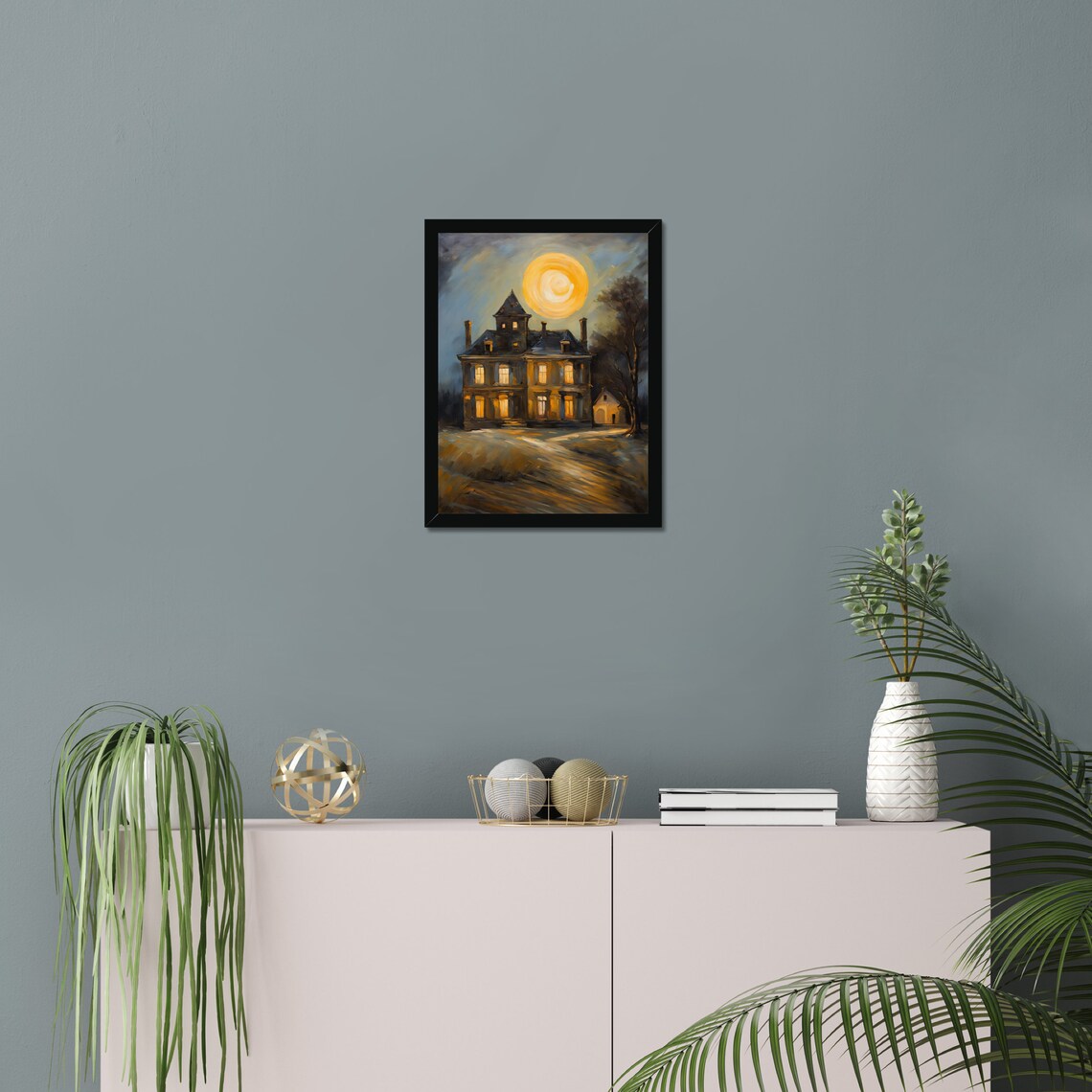Haunted Mansion Giant Moon Night Glowing Windows Spooky Gothic Art Poster - Image 2