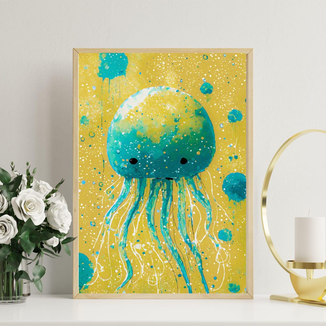 Yellow Green Jellyfish Art Print Cute Ocean Animal Wall Decor Colorful Underwater Illustration For Nursery Or Kids Room 8x10 12x16 18x24 - Image 3