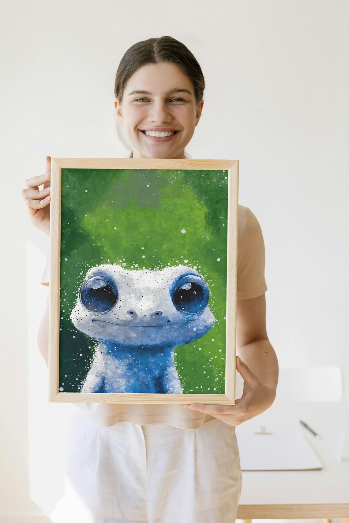 Cute Blue Gecko Big Eyes Portrait Watercolor Reptile Kids Poster