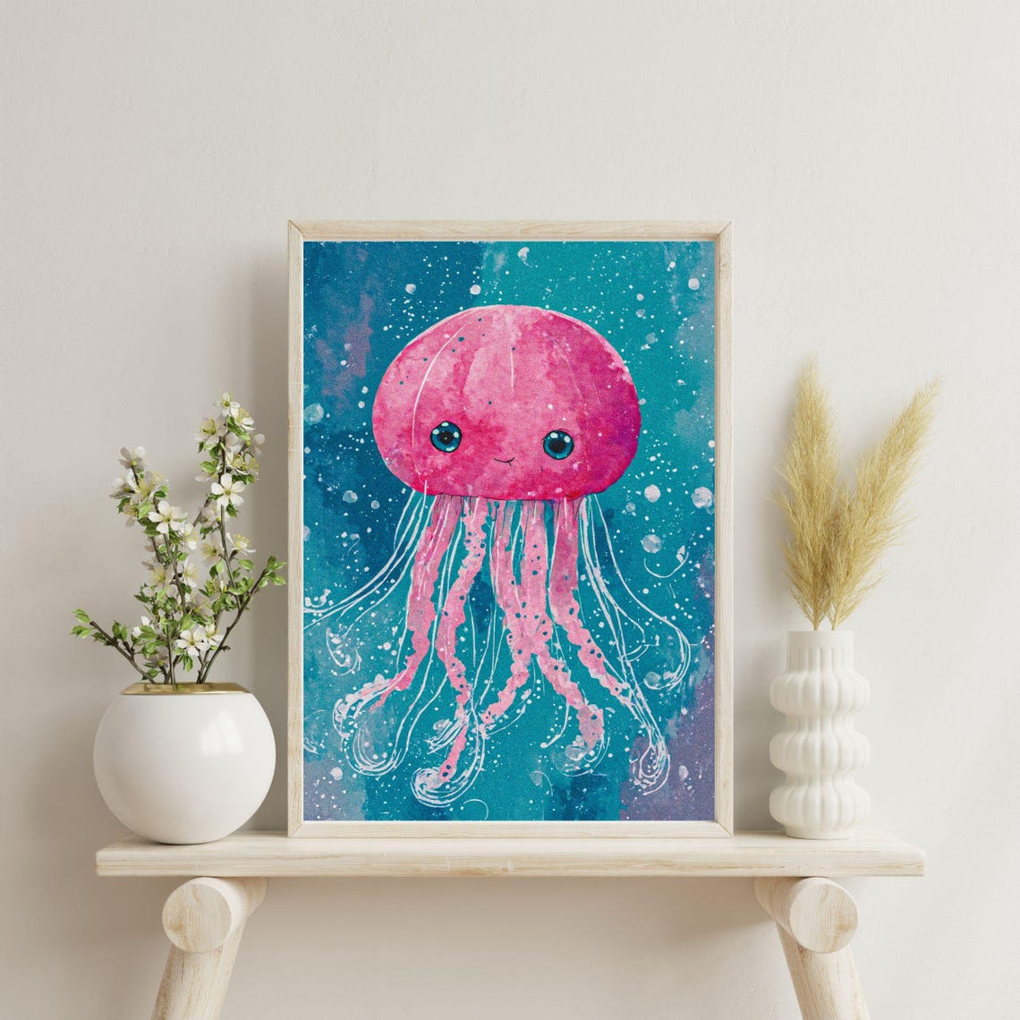 Pink Jellyfish Art Print Sweet Ocean Creature Wall Hanging Playful Blue And Teal Spotted Illustration For Girls Room 8x10 12x16 18x24 - Image 4