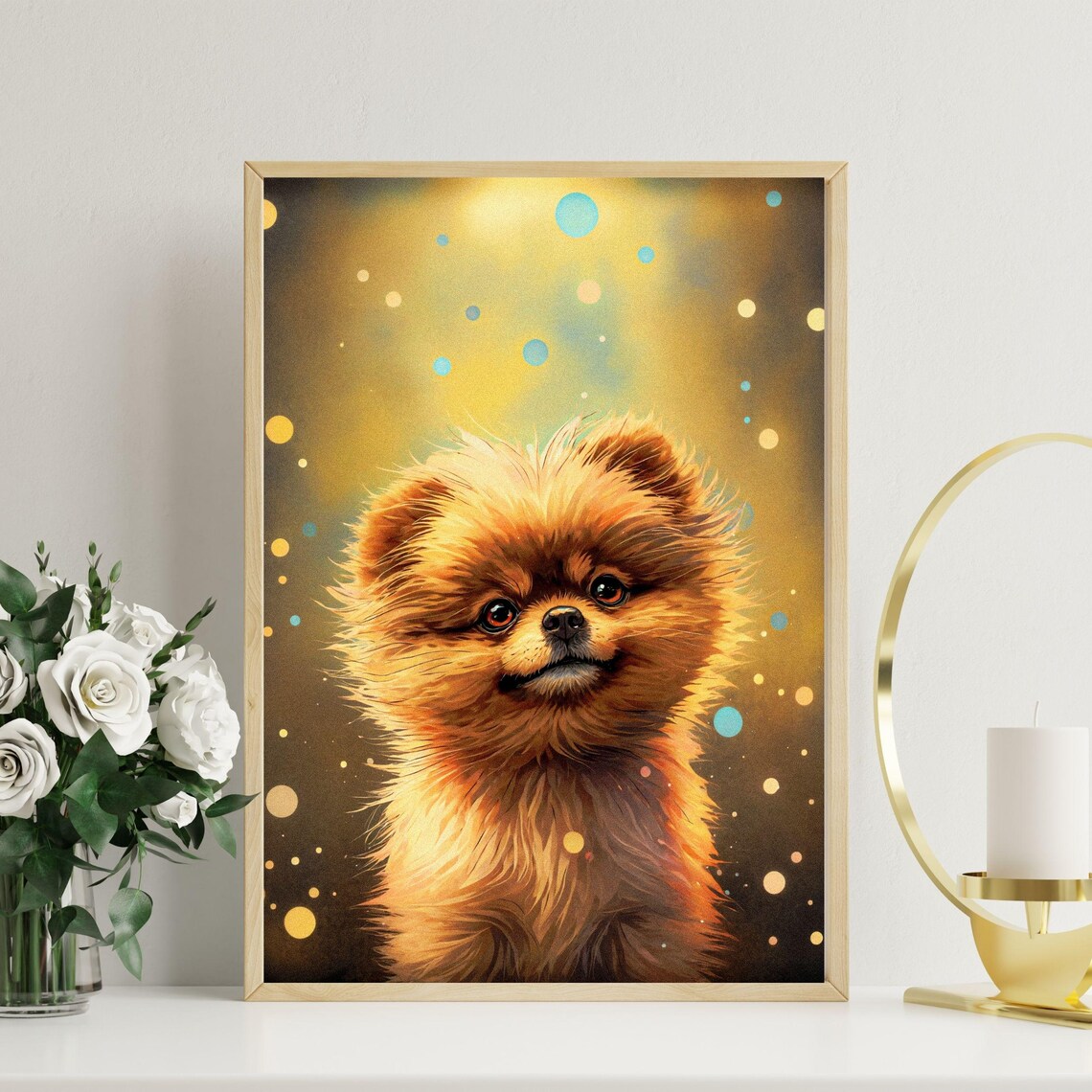Golden Pomeranian Puppy Bokeh Gold Background Dog Portrait Poster