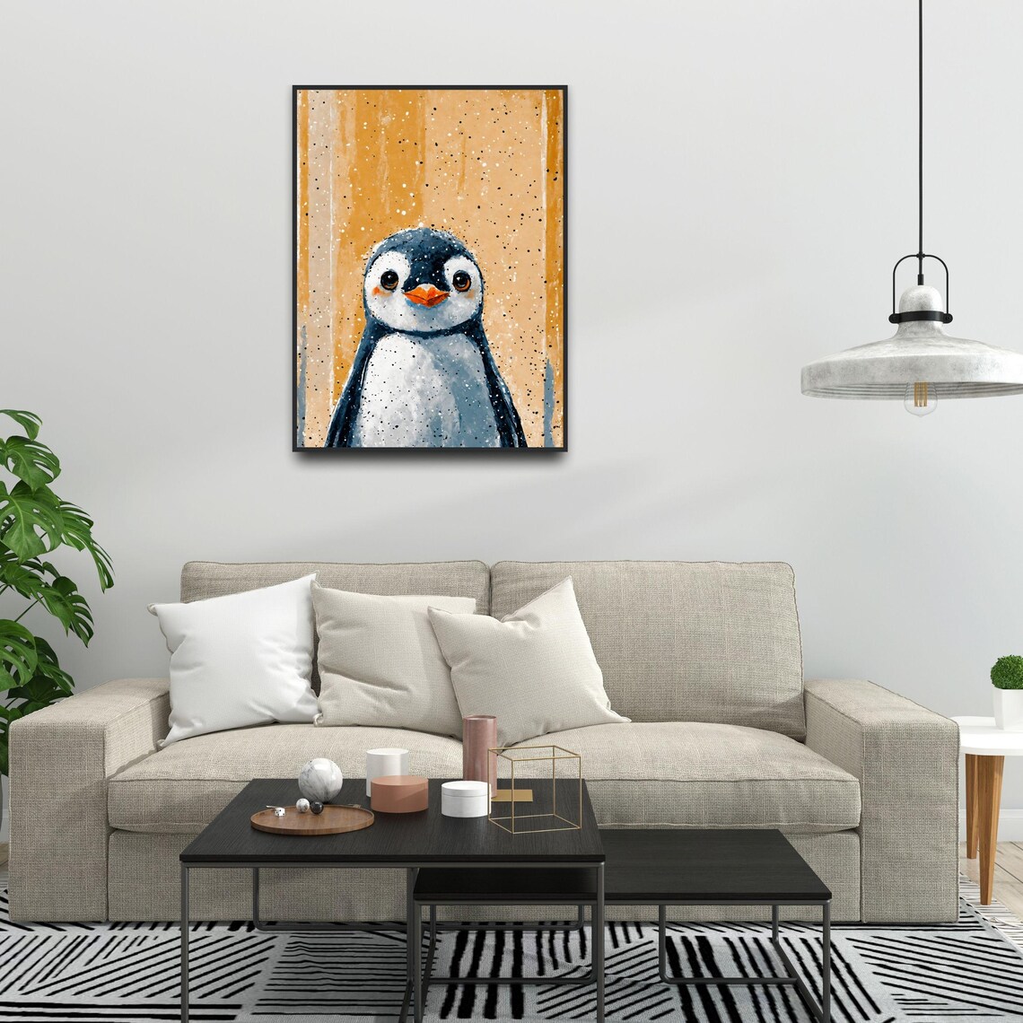 Cute Baby Penguin Watercolor Portrait Orange Background Nursery Print - Image 4