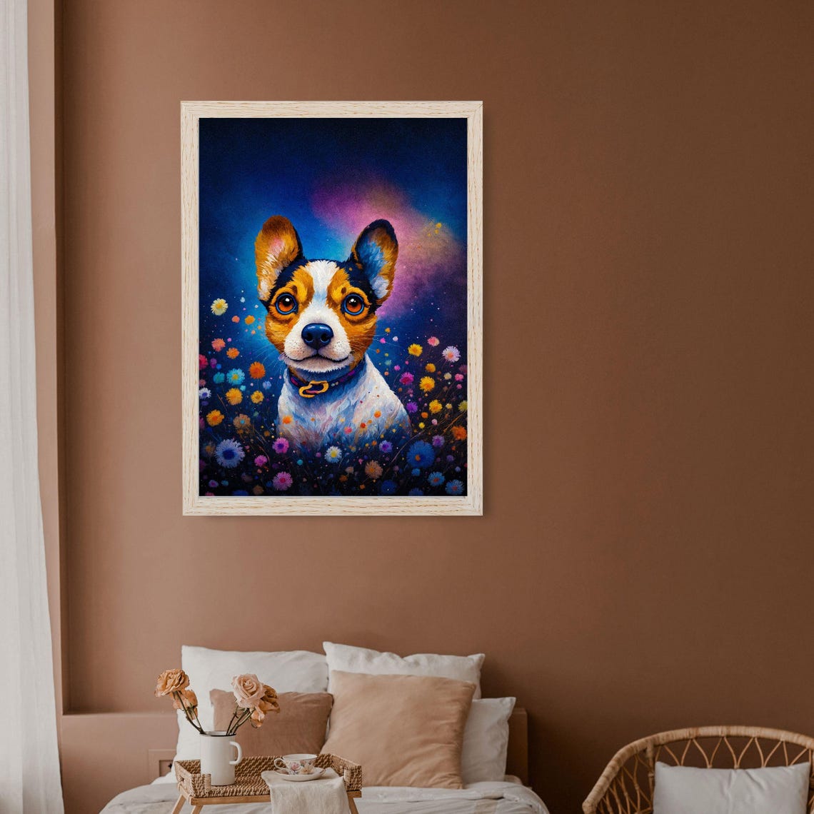 Whimsical Tricolor Puppy Among Wildflowers Starry Night Wall Art - Image 7