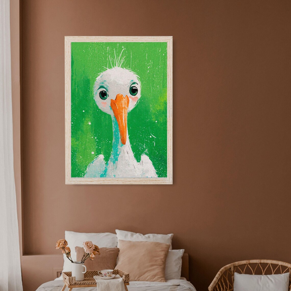 Cute White Stork Orange Beak Funny Bird Green Nursery Poster - Image 2