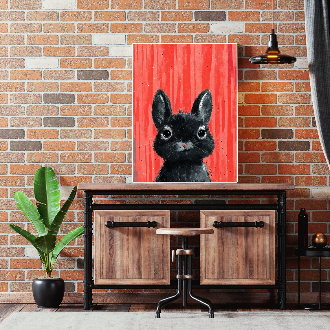 Cute Black Bunny Watercolor Portrait Baby Rabbit Coral Red Art Print - Image 3