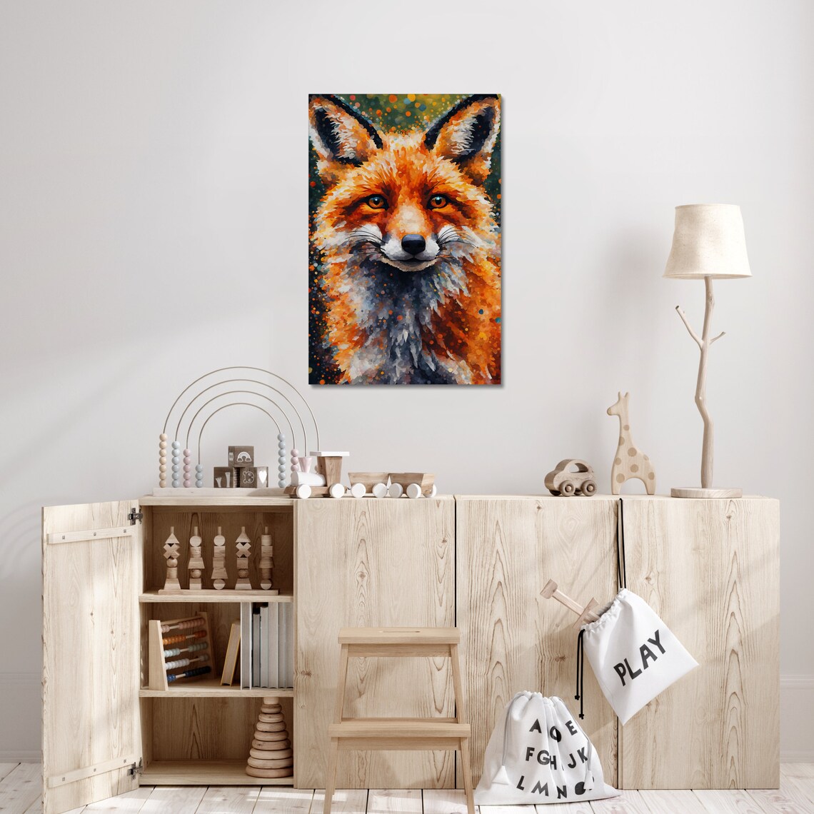 Red Fox Portrait Speckled Mosaic Green Background Wildlife Art Wall Print - Image 2