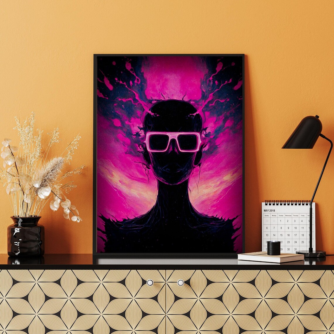 Neon Pink Sunglasses Woman Silhouette Cosmic Magenta Abstract Wall Art - Image 3