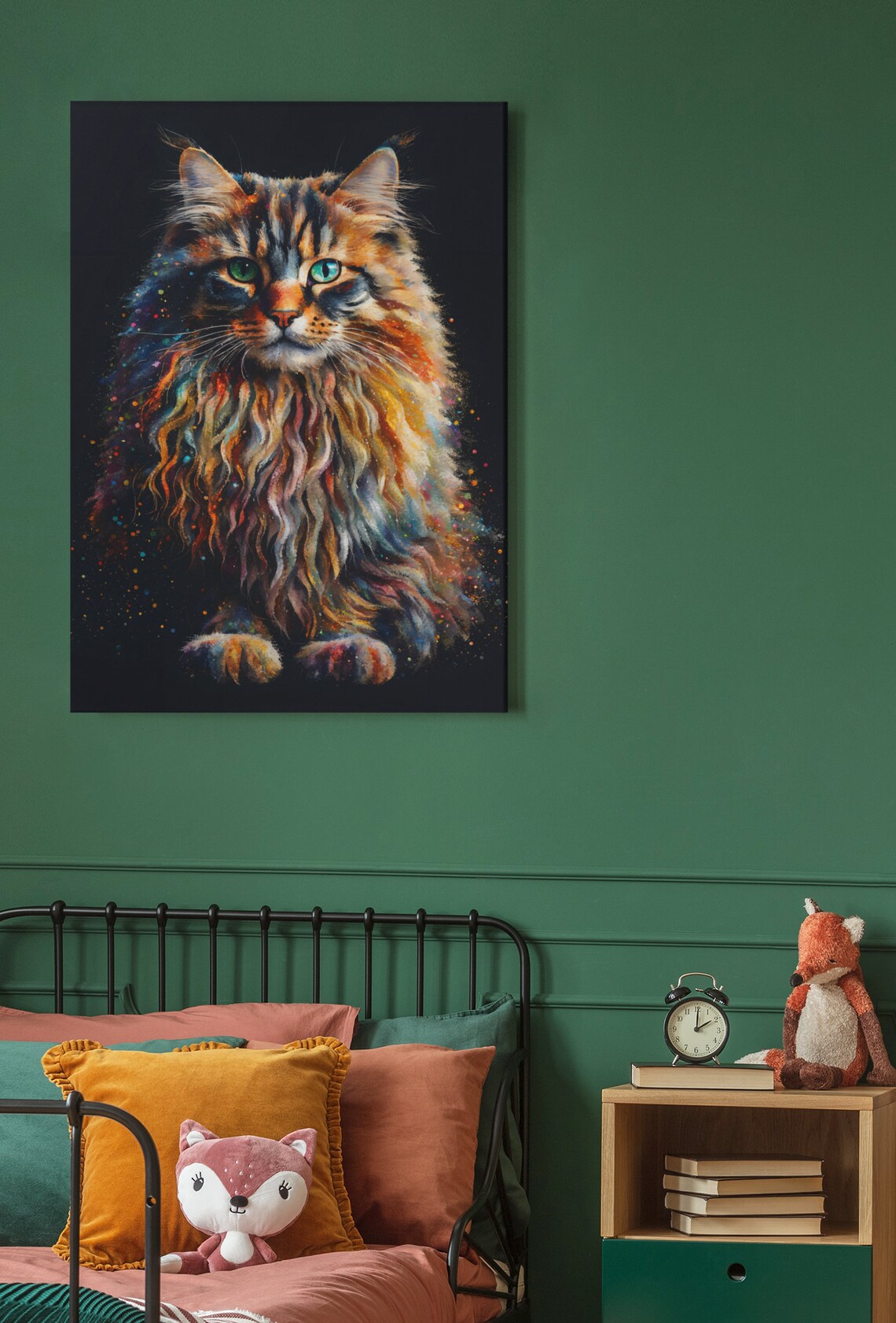 Long Hair Cat Portrait Green Eyes Watercolor Speckle Dark Background Poster - Image 3