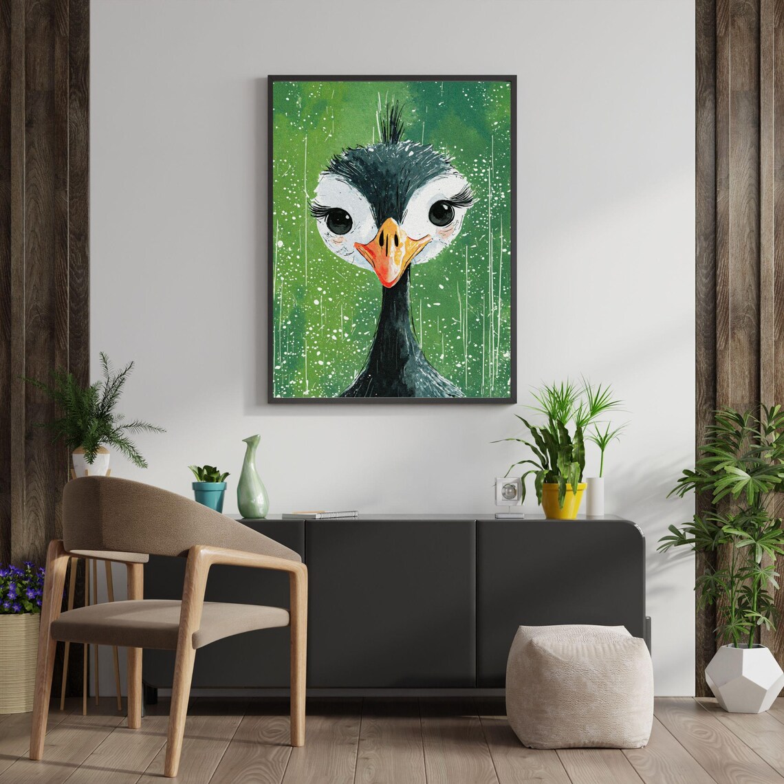 Puffin Art Print, Japanese Crane Painting Illustration