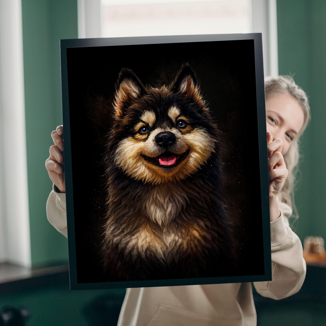 Smiling Finnish Lapphund Nordic Dog Black Background Portrait Poster - Image 2