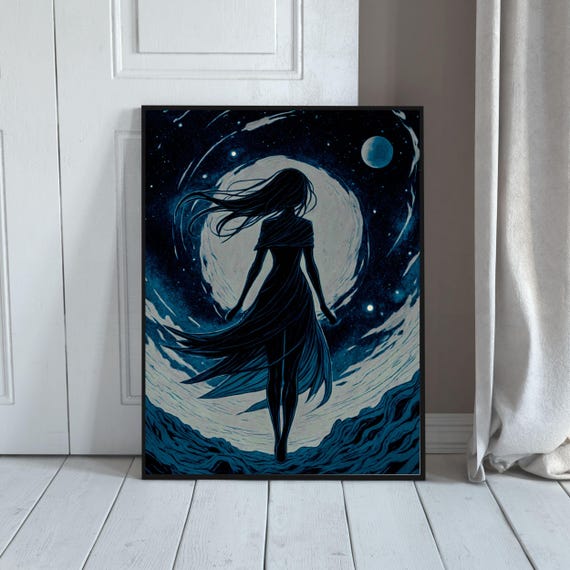 Gloomy Woman In Moonlight Celestial Art Print Moon And Stars Illustration Mystical Figure Dreamy Landscape Cyan Silhoutte Large