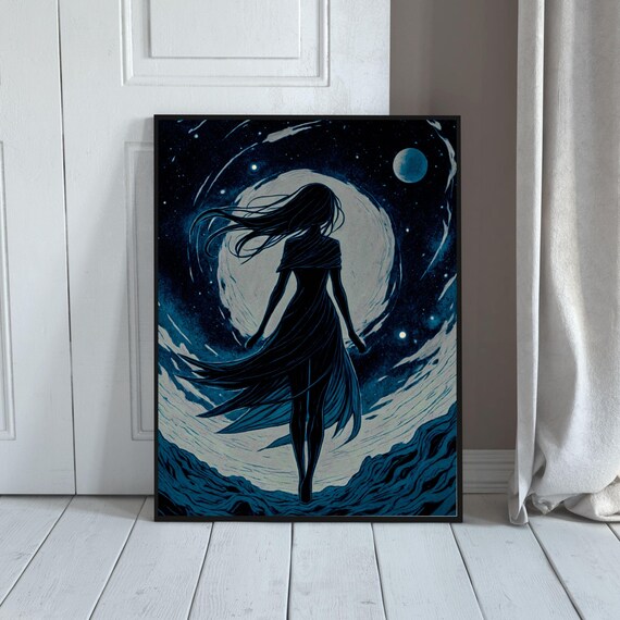 Gloomy Woman Moonlight Silhouette Celestial Stars Night Sky Art Print