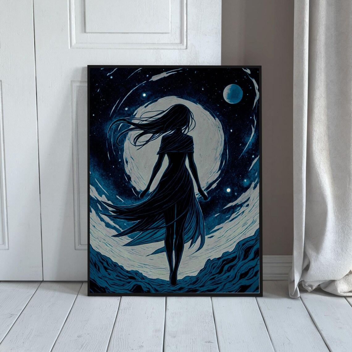 Gloomy Woman Moonlight Silhouette Celestial Stars Night Sky Art Print