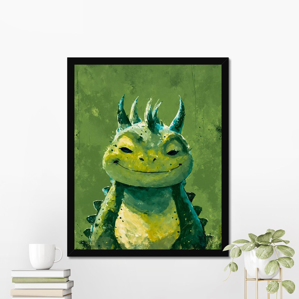 Smirking Green Dragon Portrait Fantasy Cute Baby Dragon Art Poster
