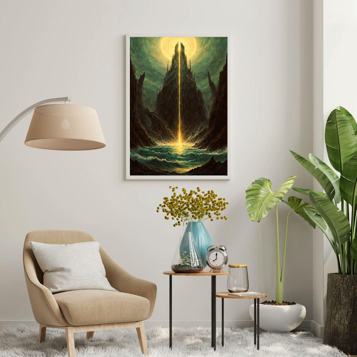 Epic Fantasy Landscape Art Print Mystical Waterfall Mountain Glowing Light Dramatic Scene Unique Wall Art Fantasy Decor 8x10 24x36 - Image 2