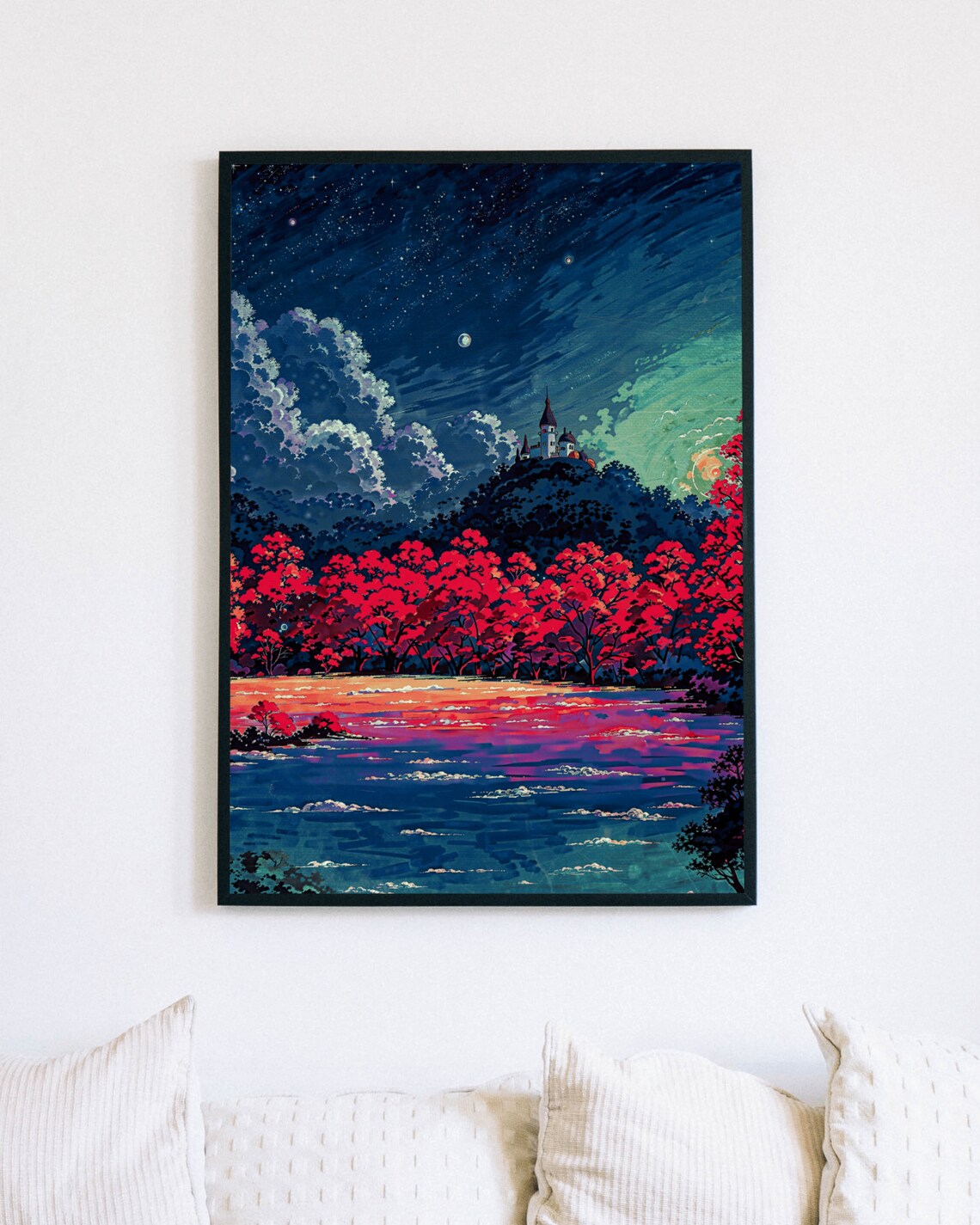 Fantasy Castle Red Autumn Trees Glowing Lake Starry Night Dreamscape Poster - Image 3
