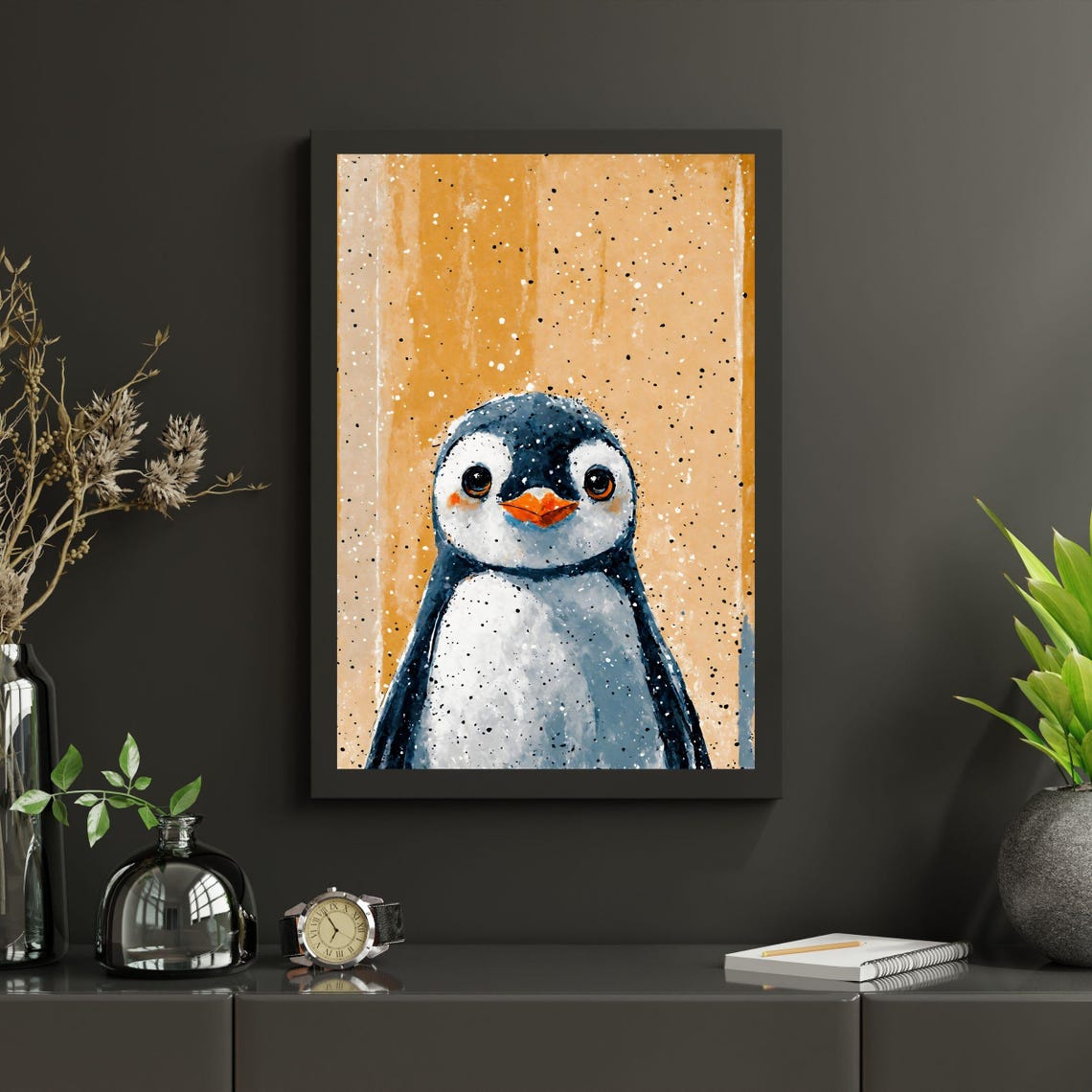 Cute Baby Penguin Watercolor Portrait Orange Background Nursery Print - Image 2