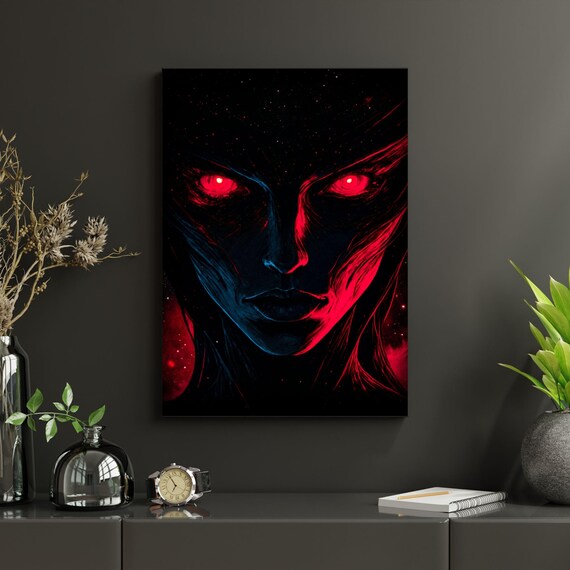 Dark Woman Face With Glowing Red Eyes On Black Cosmic Horror Art Poster