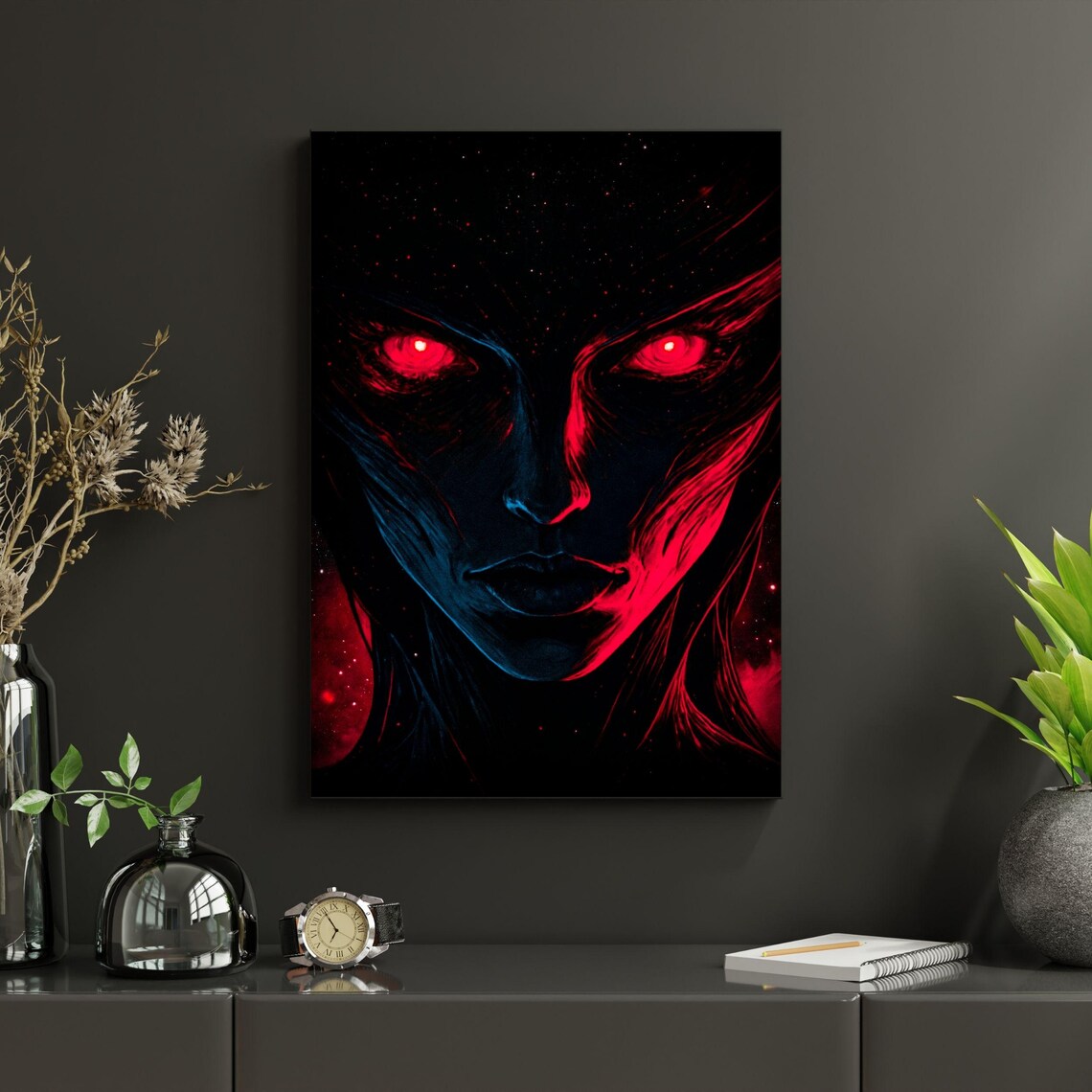 Dark Woman Face With Glowing Red Eyes On Black Cosmic Horror Art Poster