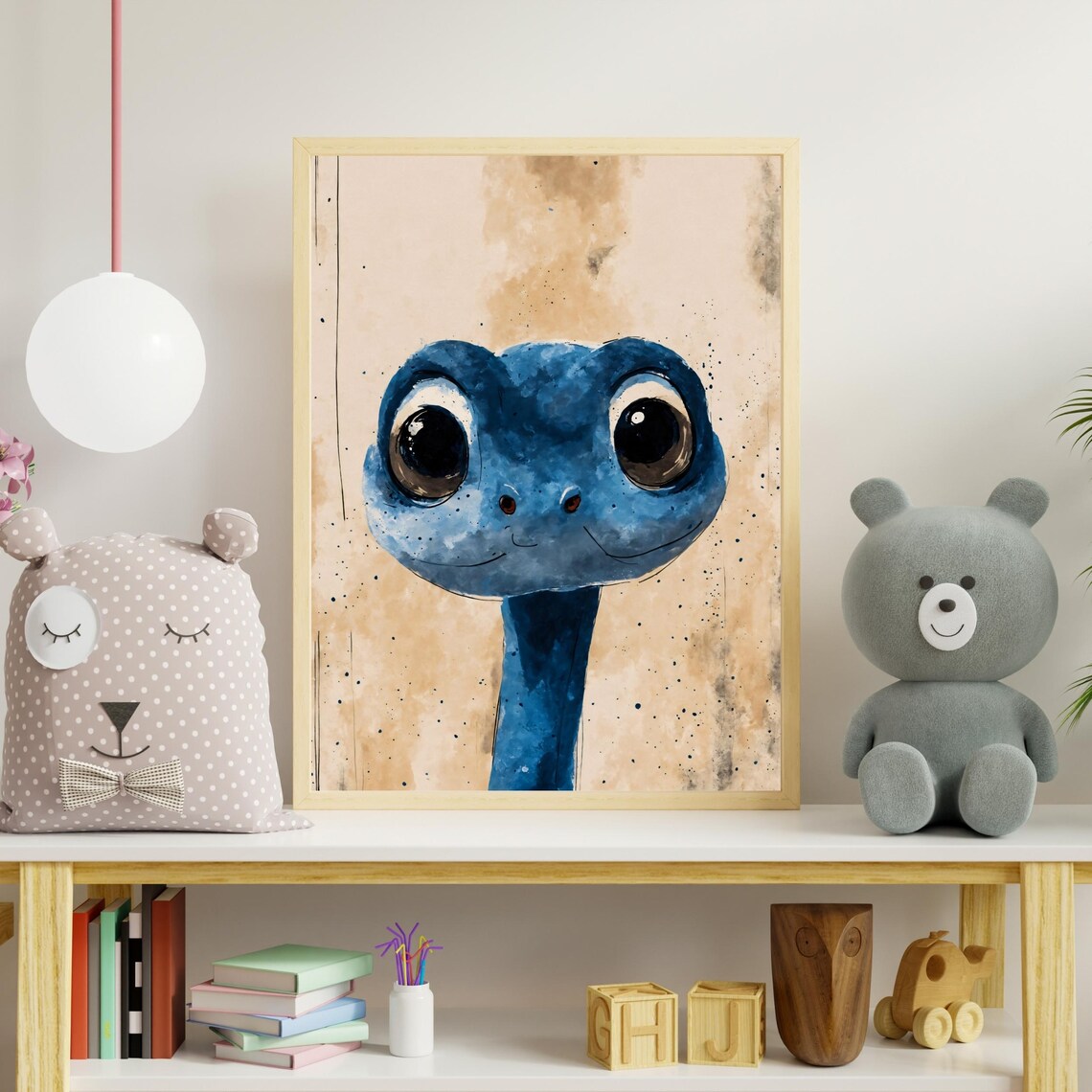 Cute Blue Baby Snake Watercolor Portrait Big Eyes Kids Room Art Print - Image 4