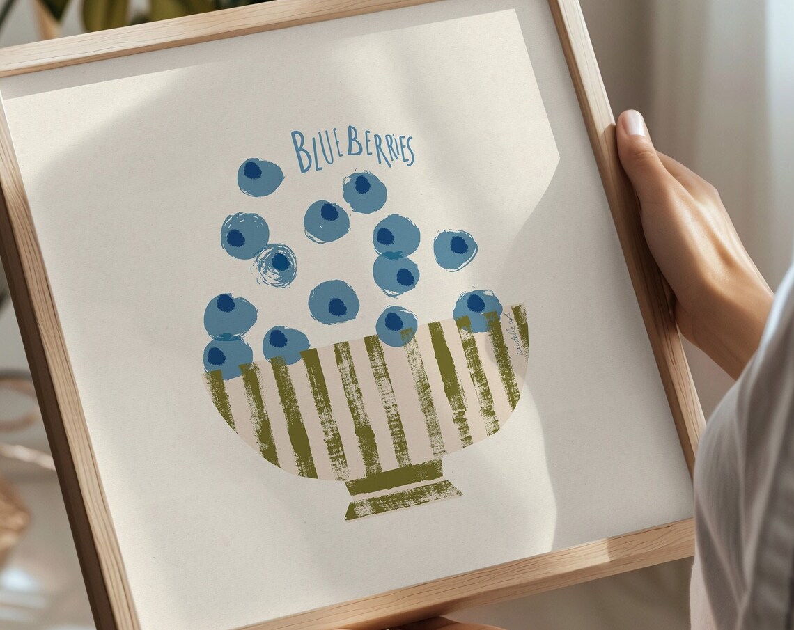 Blueberries In Striped Bowl Retro Kitchen Fruit Still Life Poster