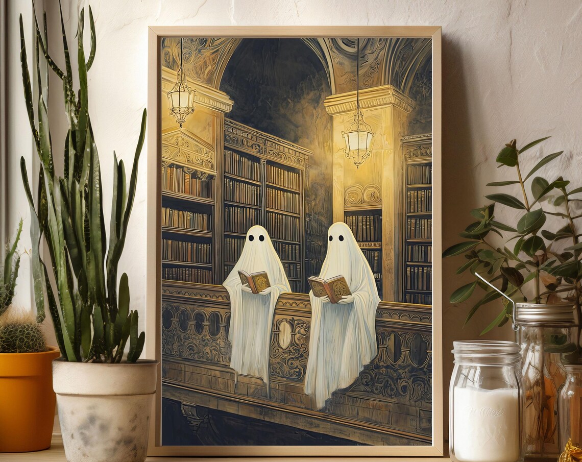 Two Cute Ghosts in a Library, Gothic Vintage Poster