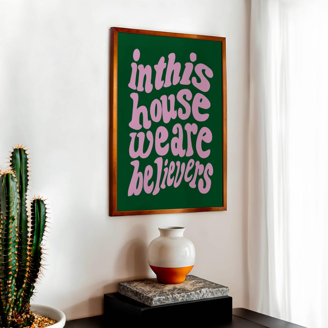 In This House We Are Believers Wavy Retro Pink on Green Faith Poster - Image 2